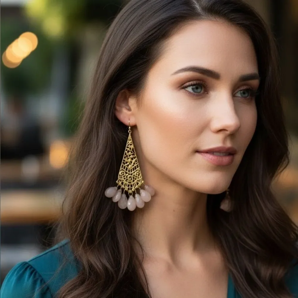 Gold Plated Filigree Teardrop Earrings, Blush Gemstones